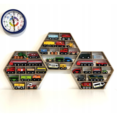 PÓŁKA NA POCIĄGI I KOLEJKI DREWNIANE RESORAKI HOTWHEELS AUTA REGAŁ